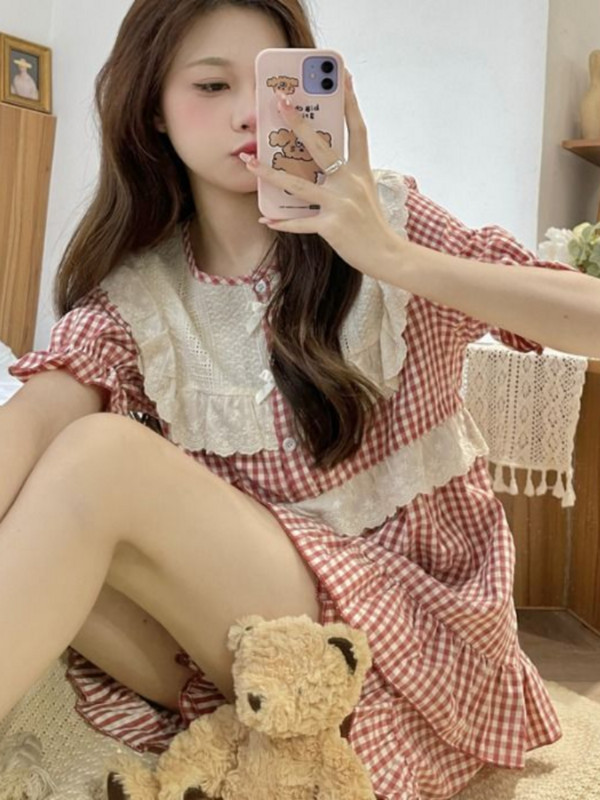 Pizsama szettek női környakú, szép, stílusos kockás Ulzzang elegáns iskoláslányok alapvető hálóruha Soft Ins édes stílusú otthoni ruha