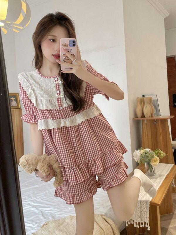 Pizsama szettek női környakú, szép, stílusos kockás Ulzzang elegáns iskoláslányok alapvető hálóruha Soft Ins édes stílusú otthoni ruha