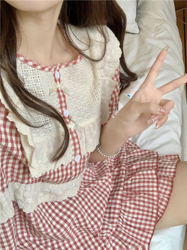 Pizsama szettek női környakú, szép, stílusos kockás Ulzzang elegáns iskoláslányok alapvető hálóruha Soft Ins édes stílusú otthoni ruha