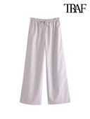 TRAF Női Divatos vászon széles szárú nadrágok Vintage középen elasztikus derékrész húzózsinórral Női nadrág Mujer