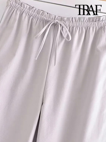 TRAF Γυναικεία μόδα λινό παντελόνι με φαρδύ πόδι Vintage μεσαία ελαστική μέση με κορδόνια γυναικείο παντελόνι Mujer