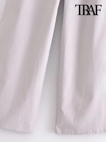 TRAF Γυναικεία μόδα λινό παντελόνι με φαρδύ πόδι Vintage μεσαία ελαστική μέση με κορδόνια γυναικείο παντελόνι Mujer