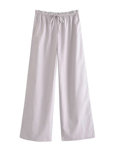 TRAF Női Divatos vászon széles szárú nadrágok Vintage középen elasztikus derékrész húzózsinórral Női nadrág Mujer