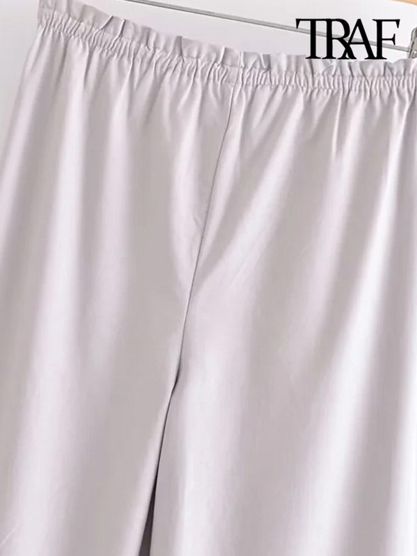 TRAF Női Divatos vászon széles szárú nadrágok Vintage középen elasztikus derékrész húzózsinórral Női nadrág Mujer