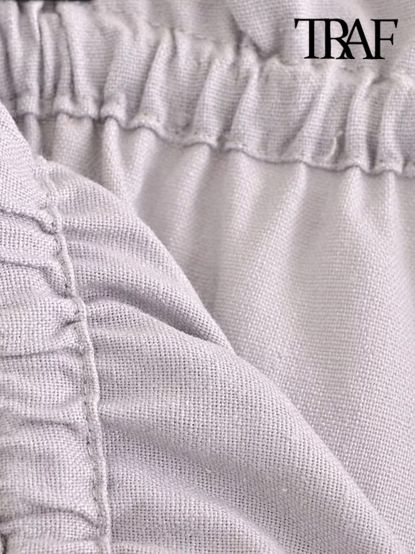 TRAF Női Divatos vászon széles szárú nadrágok Vintage középen elasztikus derékrész húzózsinórral Női nadrág Mujer