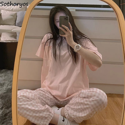Pizsama szettek Női O-nyakú zsebek Pólók Kockás nadrágok Teljes hosszúságú nadrágok Szabadidő Friss koreai stílusú hálóruha kétrészes szett Mujer