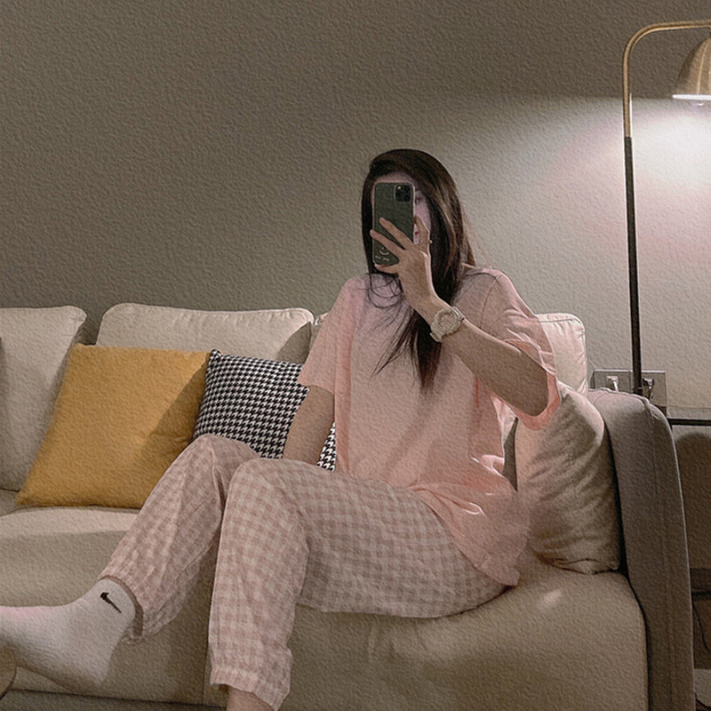 Pizsama szettek Női O-nyakú zsebek Pólók Kockás nadrágok Teljes hosszúságú nadrágok Szabadidő Friss koreai stílusú hálóruha kétrészes szett Mujer