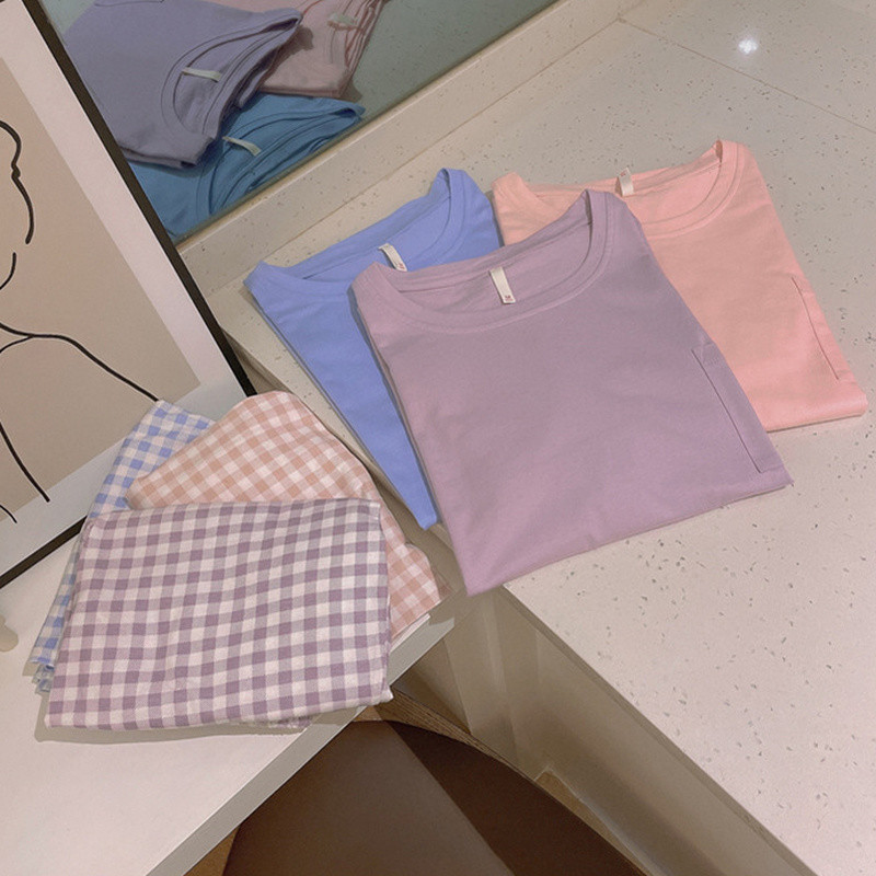 Pizsama szettek Női O-nyakú zsebek Pólók Kockás nadrágok Teljes hosszúságú nadrágok Szabadidő Friss koreai stílusú hálóruha kétrészes szett Mujer