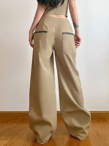 Weekeep Khaki Zip Up Pocket Cargo Παντελόνι Ψηλόμεσο Φαρδύ Φαρδύ πόδι Casual Παντελόνι για Γυναικεία y2k Παντελόνια Κορεάτικη μόδα Streetwear