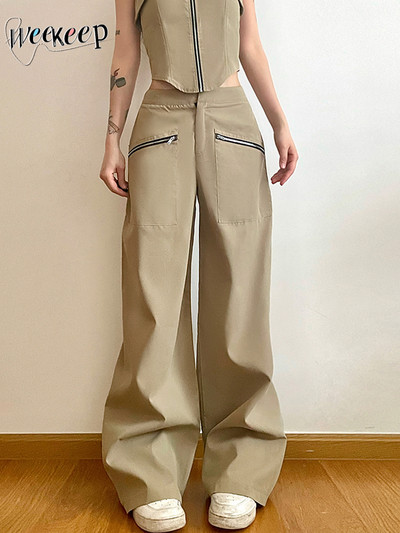 Weekeep Khaki Zip Up Pocket Cargo Παντελόνι Ψηλόμεσο Φαρδύ Φαρδύ πόδι Casual Παντελόνι για Γυναικεία y2k Παντελόνια Κορεάτικη μόδα Streetwear