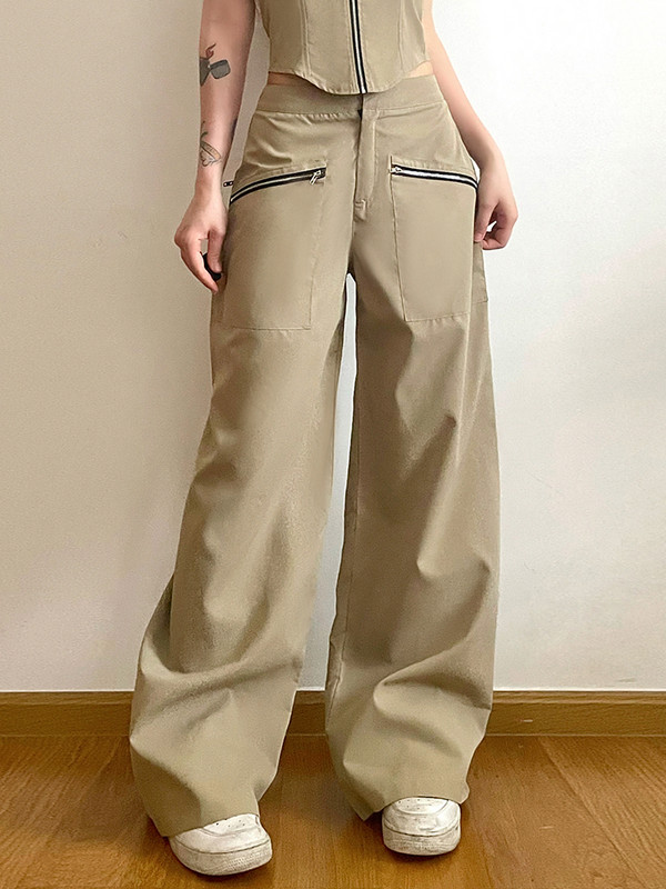 Weekeep Khaki Zip Up Pocket Cargo Παντελόνι Ψηλόμεσο Φαρδύ Φαρδύ πόδι Casual Παντελόνι για Γυναικεία y2k Παντελόνια Κορεάτικη μόδα Streetwear