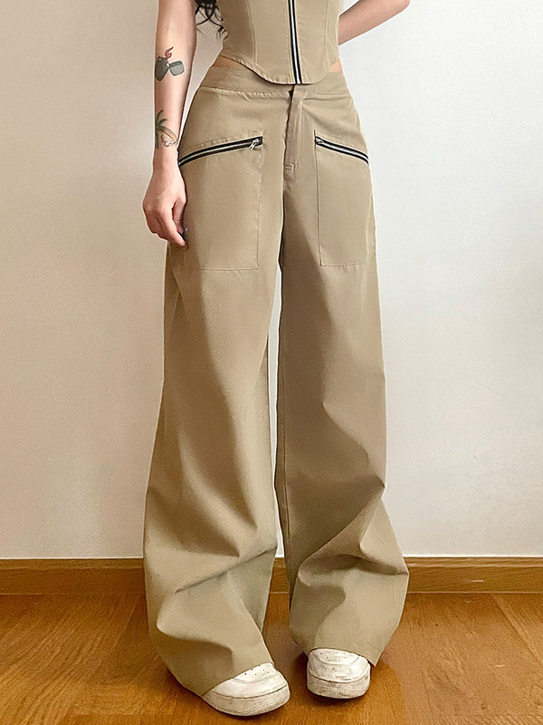 Weekeep Khaki Zip Up Pocket Cargo Παντελόνι Ψηλόμεσο Φαρδύ Φαρδύ πόδι Casual Παντελόνι για Γυναικεία y2k Παντελόνια Κορεάτικη μόδα Streetwear