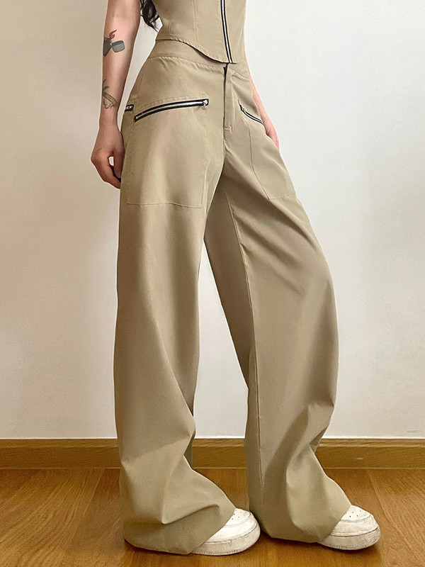 Weekeep Khaki Zip Up Pocket Cargo Παντελόνι Ψηλόμεσο Φαρδύ Φαρδύ πόδι Casual Παντελόνι για Γυναικεία y2k Παντελόνια Κορεάτικη μόδα Streetwear