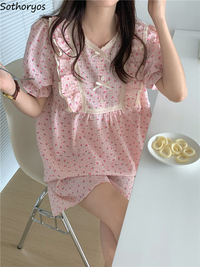 Seturi de pijamale Femei Sweet Print Ulzzang Summer Student Sleepwear Simple Soft Vintage Lounge Populare Nou Sosire Imbracaminte de noapte Moda