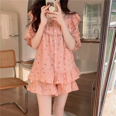 Pizsama szettek Női édes virágos hercegnő nyári új hálóruha Diákok Háziruha Divatos, mindenre passzoló, hangulatos dizájn alkalmi mindennapi Ulzzang