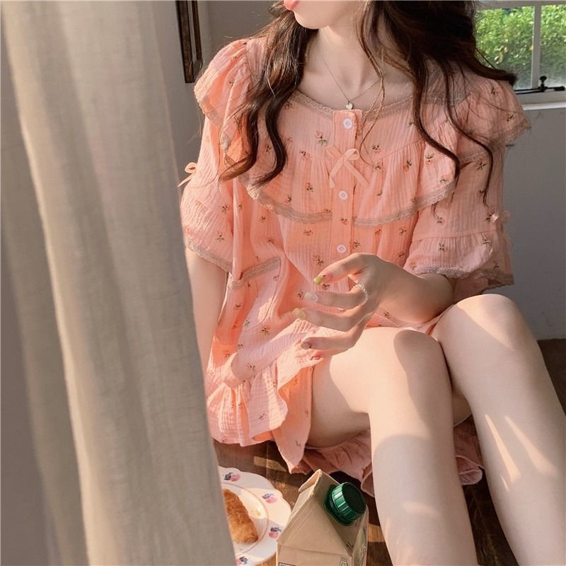 Pizsama szettek Női édes virágos hercegnő nyári új hálóruha Diákok Háziruha Divatos, mindenre passzoló, hangulatos dizájn alkalmi mindennapi Ulzzang