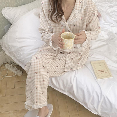 Slatki karirani kompleti pidžama Ženska proljeće Fungug-line Ins Fashion Kawaii Elegantna nježna spavaćica Široka Popularna Soft Chic spavaćica