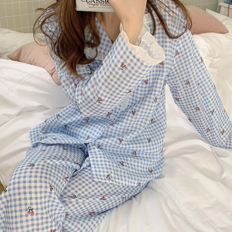 Slatki karirani kompleti pidžama Ženska proljeće Fungug-line Ins Fashion Kawaii Elegantna nježna spavaćica Široka Popularna Soft Chic spavaćica