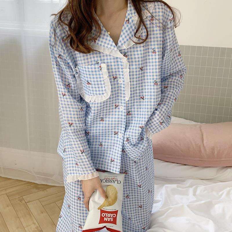 Slatki karirani kompleti pidžama Ženska proljeće Fungug-line Ins Fashion Kawaii Elegantna nježna spavaćica Široka Popularna Soft Chic spavaćica