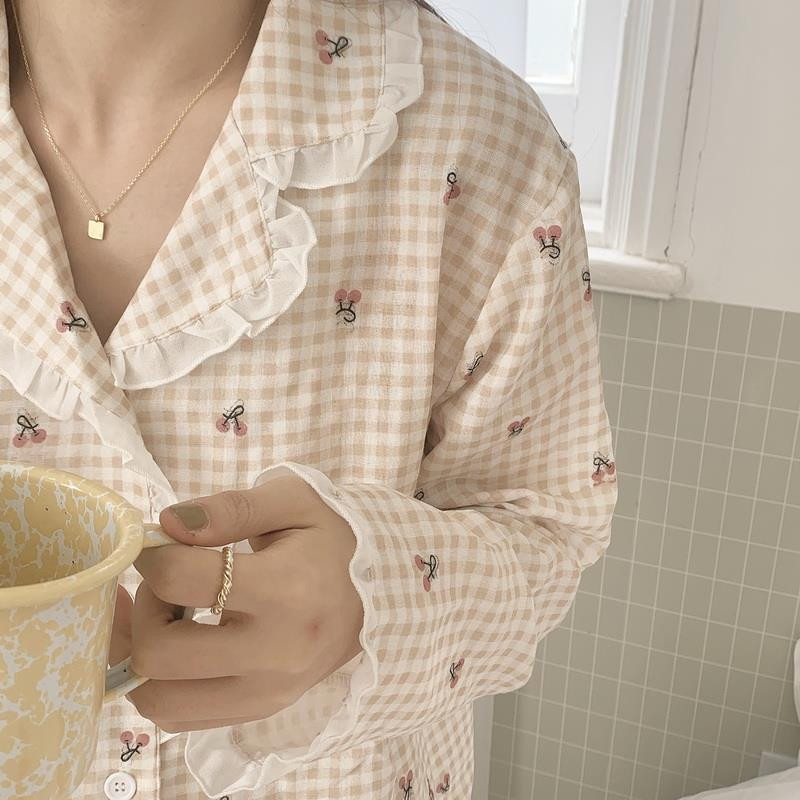 Slatki karirani kompleti pidžama Ženska proljeće Fungug-line Ins Fashion Kawaii Elegantna nježna spavaćica Široka Popularna Soft Chic spavaćica