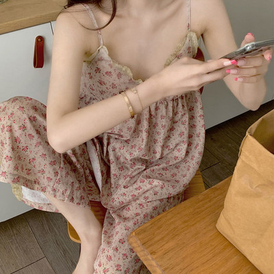 Ziedu pidžamu komplekti Sieviešu mīļi V-veida kakla izgriezuma seksīgs dizains Vasaras prērija Šiks vintage guļamveļa ar sānu šķēlumu Harajuku ikdienas modes sievietēm