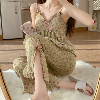 Ziedu pidžamu komplekti Sieviešu mīļi V-veida kakla izgriezuma seksīgs dizains Vasaras prērija Šiks vintage guļamveļa ar sānu šķēlumu Harajuku ikdienas modes sievietēm