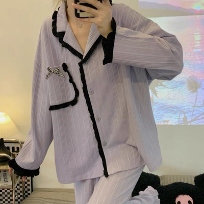 Pidžaamakomplektid Naiste V-kaelusega stiilne lapitehnika Lihtne armas Preppy Style Ins Koolitüdruku taskud Disain Sügisene Korea versioon Lounge