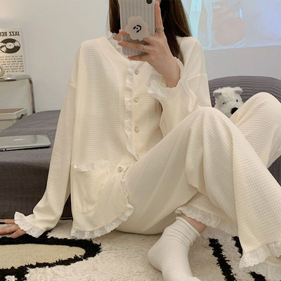 Pidžaamakomplektid Naiste V-kaelusega stiilne lapitehnika Lihtne armas Preppy Style Ins Koolitüdruku taskud Disain Sügisene Korea versioon Lounge