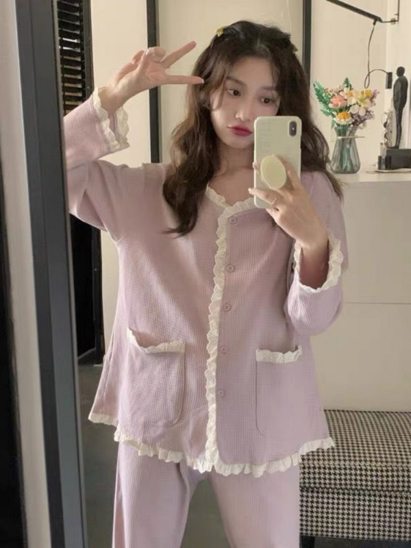 Pidžaamakomplektid Naiste V-kaelusega stiilne lapitehnika Lihtne armas Preppy Style Ins Koolitüdruku taskud Disain Sügisene Korea versioon Lounge