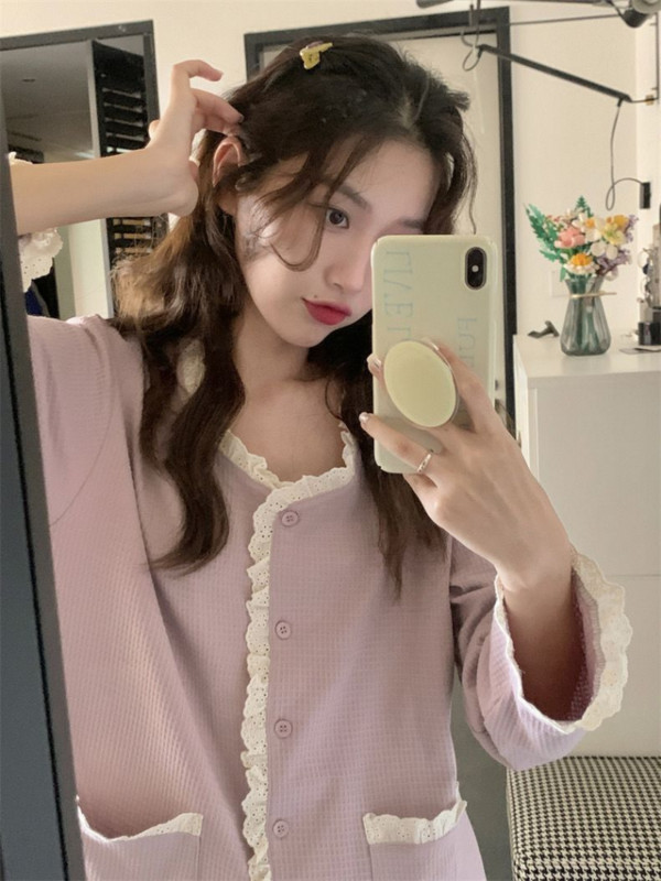 Pidžaamakomplektid Naiste V-kaelusega stiilne lapitehnika Lihtne armas Preppy Style Ins Koolitüdruku taskud Disain Sügisene Korea versioon Lounge