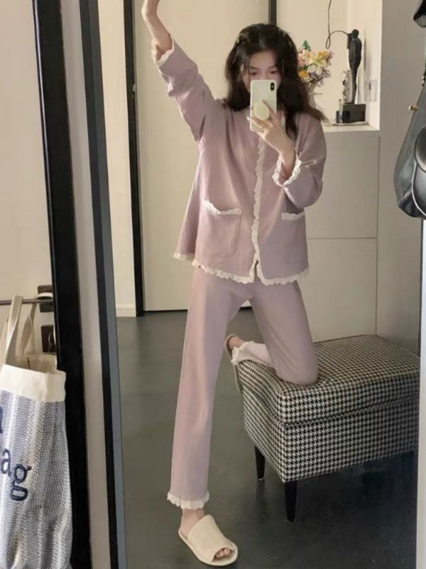 Pidžaamakomplektid Naiste V-kaelusega stiilne lapitehnika Lihtne armas Preppy Style Ins Koolitüdruku taskud Disain Sügisene Korea versioon Lounge