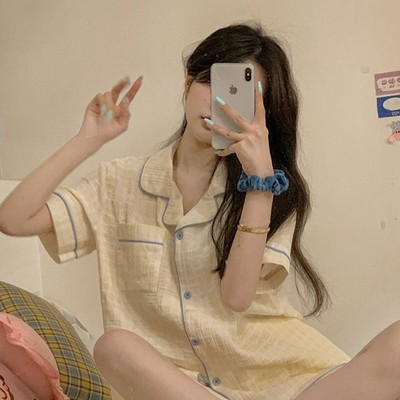 Pizsama szettek női nyári koreai változat Uniszex laza betétek Minimalista hálóruha szabadidő Akciós lélegző társalgó napi diák