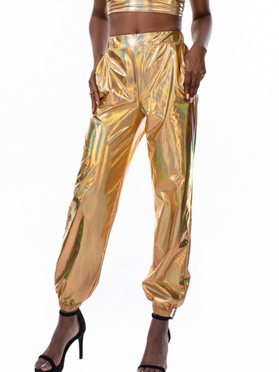 CUHAKCI Ψηλόμεση Παντελόνι Γυναικεία Streetwear Χρυσό Τζόκινγκ Γυναικεία Παντελόνια Hip Hop Παντελόνια Κορίτσια Χορού Πολυεστερικό Ασημένιο Clubwear