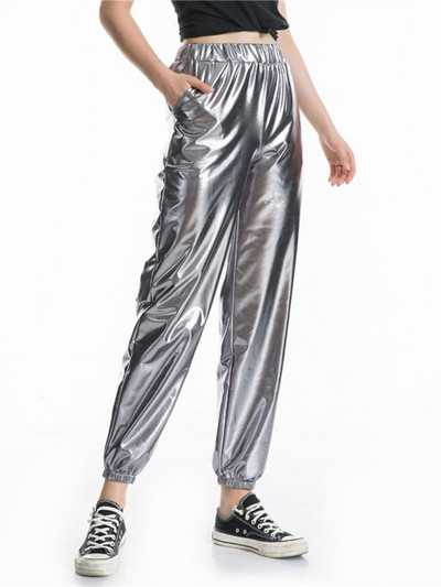 CUHAKCI Ψηλόμεση Παντελόνι Γυναικεία Streetwear Χρυσό Τζόκινγκ Γυναικεία Παντελόνια Hip Hop Παντελόνια Κορίτσια Χορού Πολυεστερικό Ασημένιο Clubwear