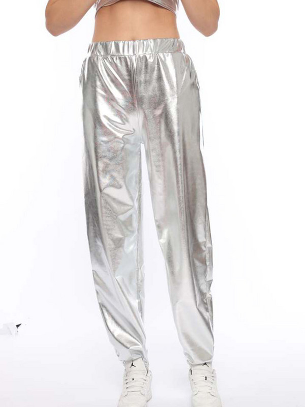 CUHAKCI Ψηλόμεση Παντελόνι Γυναικεία Streetwear Χρυσό Τζόκινγκ Γυναικεία Παντελόνια Hip Hop Παντελόνια Κορίτσια Χορού Πολυεστερικό Ασημένιο Clubwear