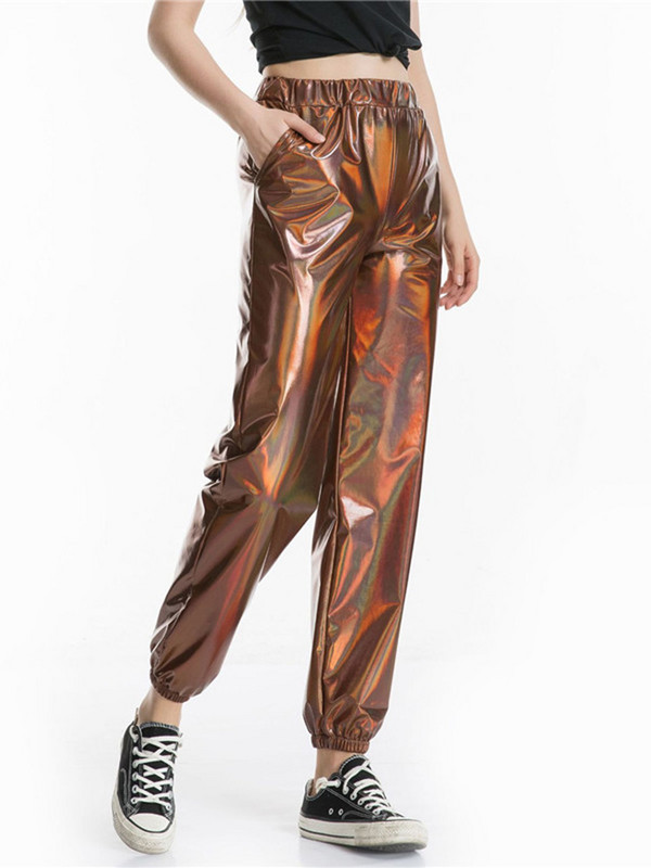 CUHAKCI Ψηλόμεση Παντελόνι Γυναικεία Streetwear Χρυσό Τζόκινγκ Γυναικεία Παντελόνια Hip Hop Παντελόνια Κορίτσια Χορού Πολυεστερικό Ασημένιο Clubwear
