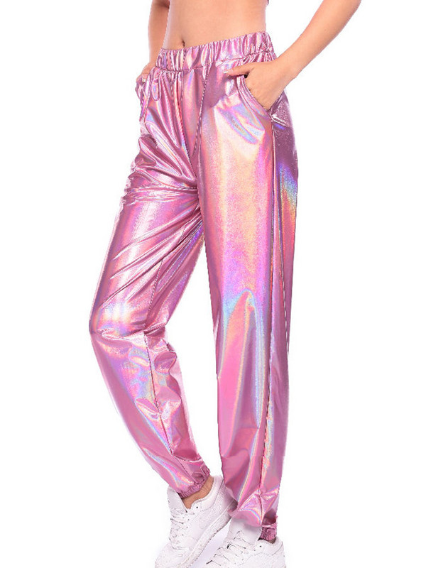 CUHAKCI Ψηλόμεση Παντελόνι Γυναικεία Streetwear Χρυσό Τζόκινγκ Γυναικεία Παντελόνια Hip Hop Παντελόνια Κορίτσια Χορού Πολυεστερικό Ασημένιο Clubwear