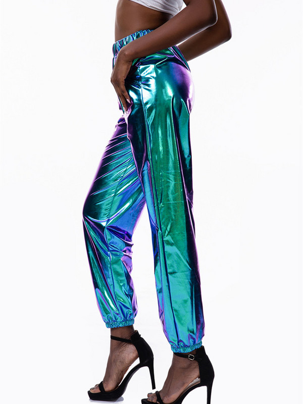 CUHAKCI Ψηλόμεση Παντελόνι Γυναικεία Streetwear Χρυσό Τζόκινγκ Γυναικεία Παντελόνια Hip Hop Παντελόνια Κορίτσια Χορού Πολυεστερικό Ασημένιο Clubwear