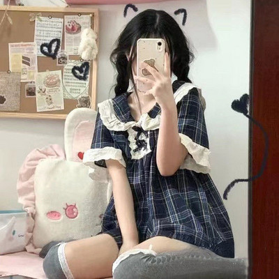 Σετ πιτζάμες Γυναικείες 2 τεμαχίων Kawaii βολάν Πυζά Αμάνικα Καλοκαιρινό χαλαρό Κορεάτικο Στιλ Τρυφερό Κομψό για κορίτσια Ελεύθερος Βασικό Απλό
