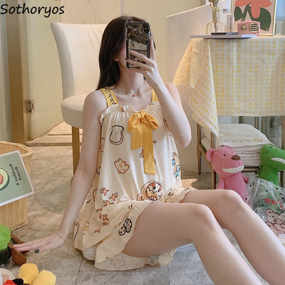 Kompleti pidžama Ljetne ženske bez rukava 2XL mašna s volanima Kawaii ugodna korejska moderna spavaćica s otisnutim crtanim filmovima Kućna ležerna Hot Prodaja