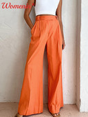 Narancssárga pamutvászon széles szárú nadrágok női, magas derekú, redőzött, földig érő nadrágok Elegáns irodai női táskás hétköznapi nadrág 2023