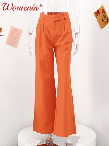 Πορτοκαλί βαμβακερό λινό παντελόνι με φαρδύ πόδι Γυναικείο ψηλόμεσο πλισέ παντελόνι μέχρι το πάτωμα Κομψό γυναικείο φαρδύ casual παντελόνι γραφείου 2023