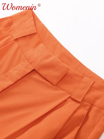 Πορτοκαλί βαμβακερό λινό παντελόνι με φαρδύ πόδι Γυναικείο ψηλόμεσο πλισέ παντελόνι μέχρι το πάτωμα Κομψό γυναικείο φαρδύ casual παντελόνι γραφείου 2023