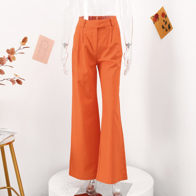 Narancssárga pamutvászon széles szárú nadrágok női, magas derekú, redőzött, földig érő nadrágok Elegáns irodai női táskás hétköznapi nadrág 2023