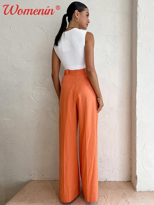 Narancssárga pamutvászon széles szárú nadrágok női, magas derekú, redőzött, földig érő nadrágok Elegáns irodai női táskás hétköznapi nadrág 2023