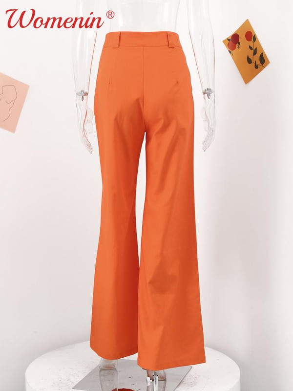 Narancssárga pamutvászon széles szárú nadrágok női, magas derekú, redőzött, földig érő nadrágok Elegáns irodai női táskás hétköznapi nadrág 2023