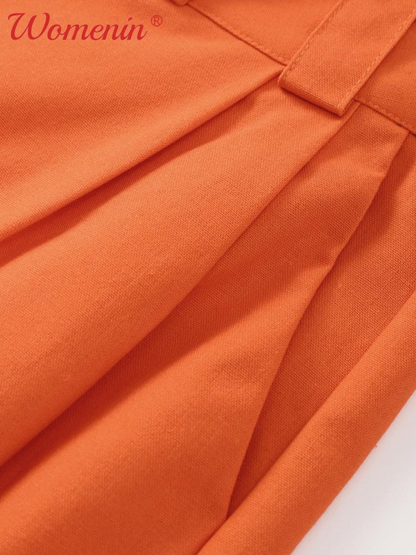 Narancssárga pamutvászon széles szárú nadrágok női, magas derekú, redőzött, földig érő nadrágok Elegáns irodai női táskás hétköznapi nadrág 2023