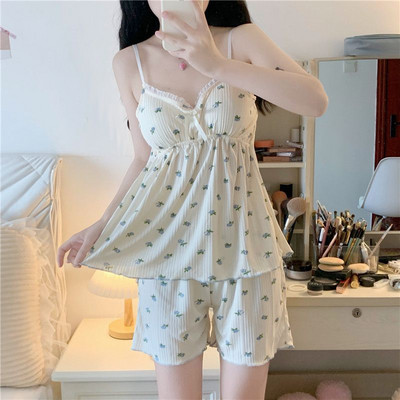 Moteriški pižamų rinkiniai Seksualūs dirželiai vasaros laisvalaikiui prancūziški, saldūs, minkšti miegui skirti moteriški drabužiai, estetiški spausdinti prašmatni vintažinė namų poilsio mada