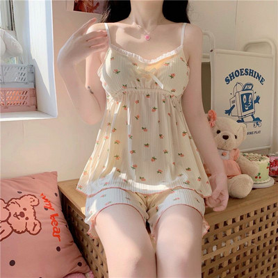 Moteriški pižamų rinkiniai Seksualūs dirželiai vasaros laisvalaikiui prancūziški, saldūs, minkšti miegui skirti moteriški drabužiai, estetiški spausdinti prašmatni vintažinė namų poilsio mada