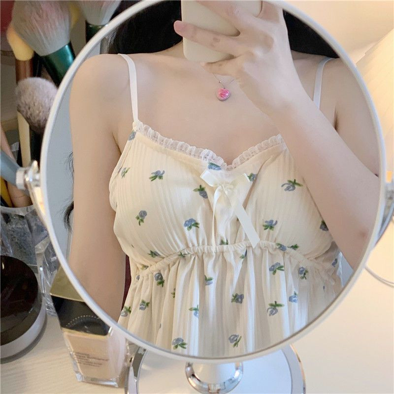 Moteriški pižamų rinkiniai Seksualūs dirželiai vasaros laisvalaikiui prancūziški, saldūs, minkšti miegui skirti moteriški drabužiai, estetiški spausdinti prašmatni vintažinė namų poilsio mada